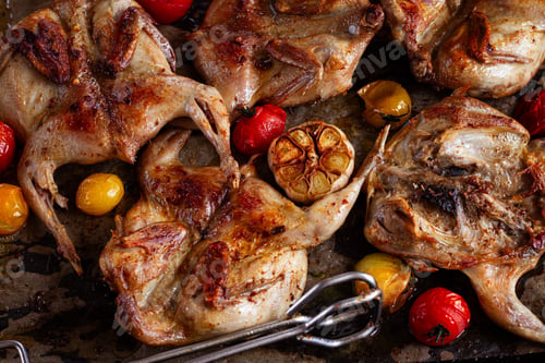 Preview: grilled quail meat, on a platter, tobacco, in the oven, with spices, homemade, without people,