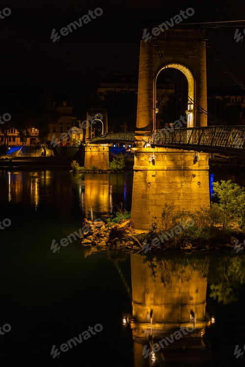 Preview: Bridge over Rhone river in Lyon, France at night