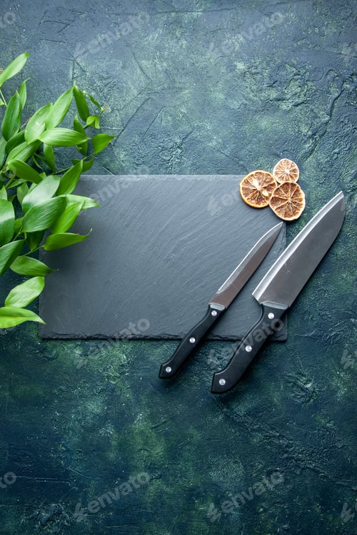 Preview: top view sharp knife on dark blue background color photo kitchen blue sea food cuisine