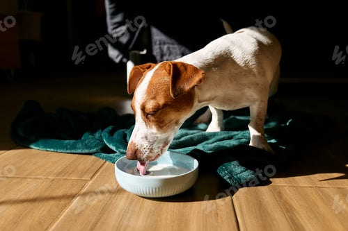 Preview: Jack Russell terrier dog drinking milk from bowl on the parquet floor in living room in a sunny day.
