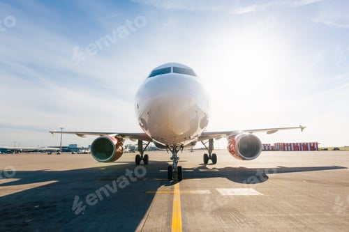 Preview: Front view of airplane taxiing toward airport runway on sunny day.