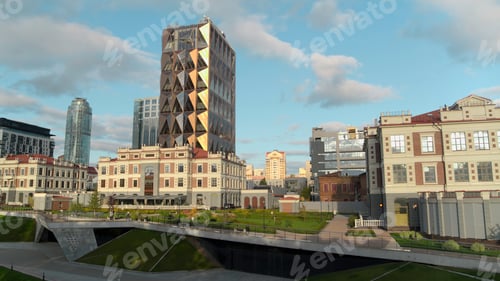 Preview: Beautiful summer landscape . Stock footage . A bright view of the city where you can see tall office