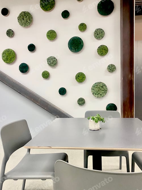 Preview: Cafeteria lunch table and chairs round moss wall art circles decor design