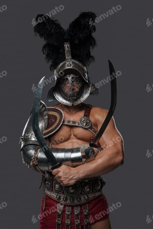 Preview: Roman arena fighter with crossed swords and plumed helmet