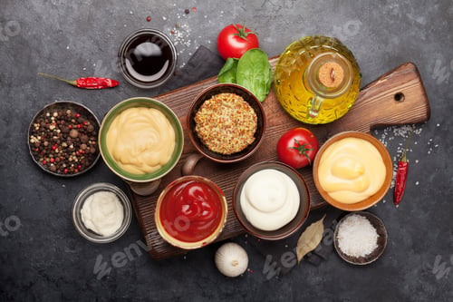 Preview: Set of various sauces. Popular sauces in bowls