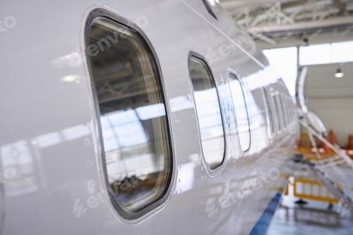 Preview: Closeup view on illuminators of passenger aircraft standing on parking place at airport hangar.