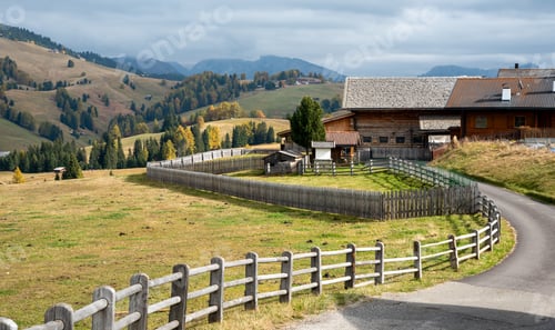 Preview: Wooden chalet at the famous Alpe di Siusi valley on the Dolomites, South Tyrol in Italy