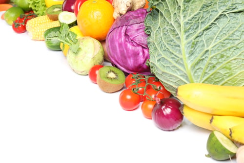 Preview: Composition with ripe vegetables and fruits isolated. Healthy food