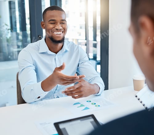 Preview: African man in business meeting with CEO planning corporate success strategy with graph and chart p