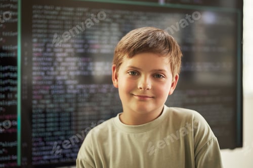 Preview: Portrait of Caucasian Boy Smiling in Front of Computer Screen Displaying Code