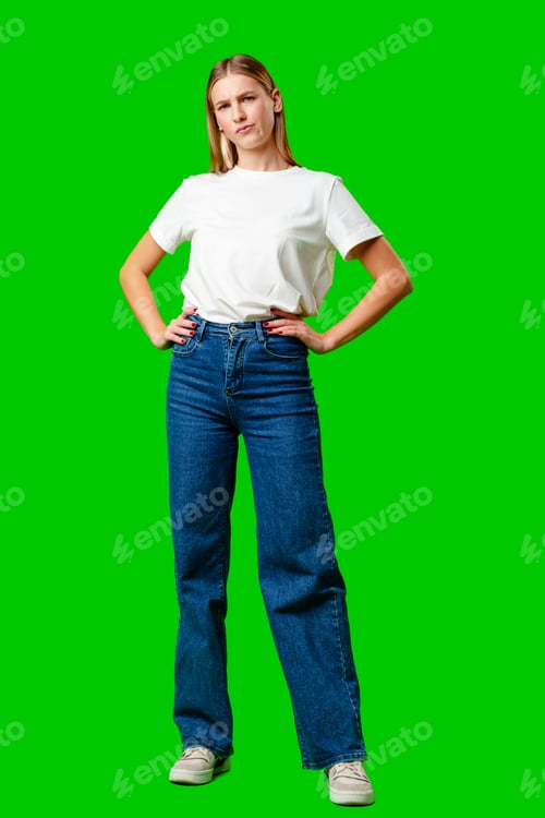 Preview: Young Woman With Pursed Lips Expressing Skepticism Against Green Screen Background