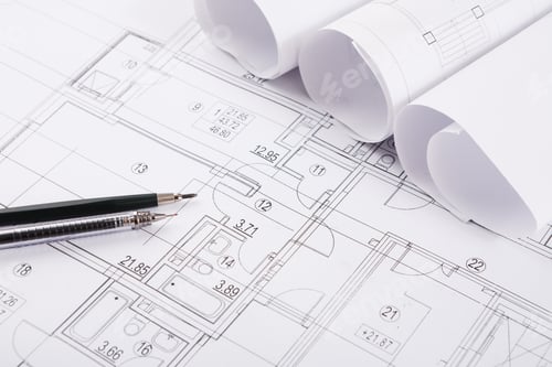 Preview: Architectural project, engineering tools on table.