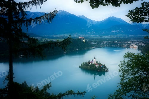 Preview: Aerial View of Famous Bled Lake National Park at dusk, Slovenia