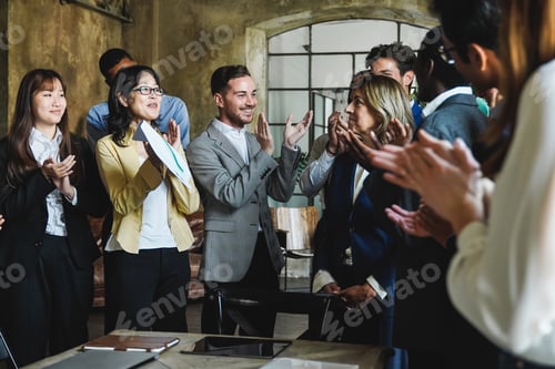 Preview: Diverse business people celebrating together inside bank office - Focus on senior asian woman face