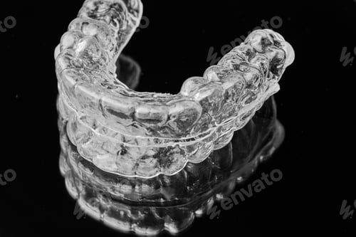 Preview: Invisible transparent dental removable braces on the black background. Orthodontic appliance for