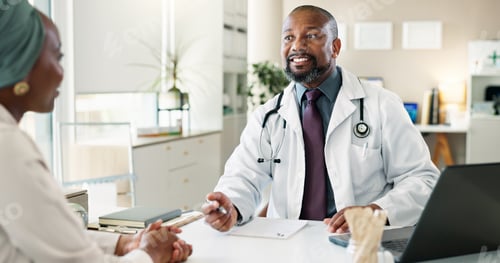 Preview: Discussion, healthcare and laptop with doctor and patient in office at hospital for consulting or f