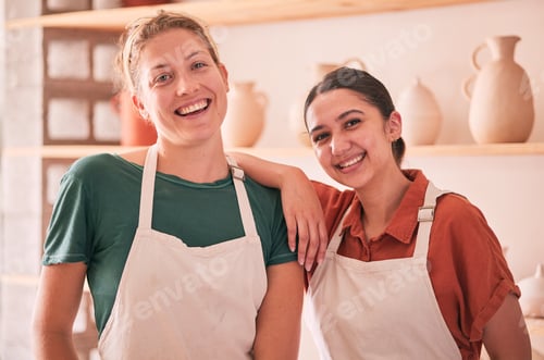 Preview: Pottery, friends and portrait of women for small business, artistic startup and creative workshop.