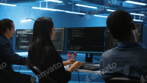 Preview: Multiethnic team of engineers working in high tech server hub,