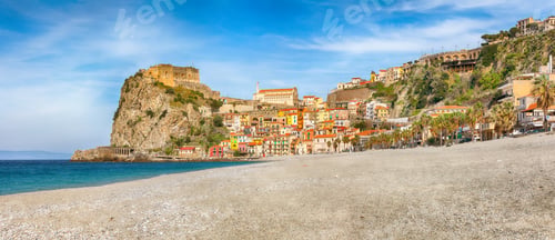 Preview: Awesome seaside town village Scilla with old medieval castle on rock Castello Ruffo,
