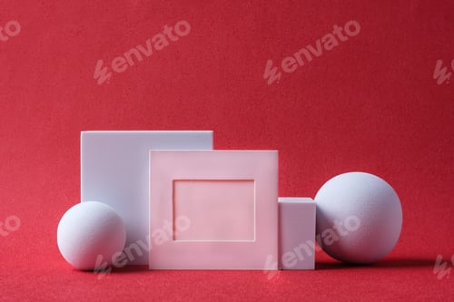 Preview: mockup blank paper frame with pedestal on red background