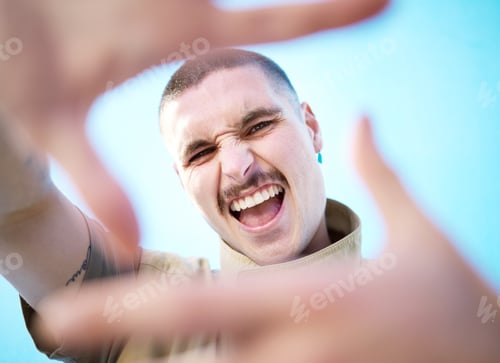 Preview: Face hands frame, smile and man portrait feeling happy about beauty, fashion and skincare. Smile, c