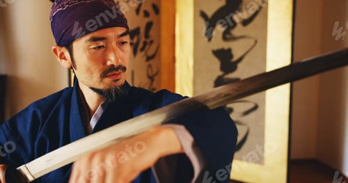 Preview: Culture, Kenjutsu and sword with Samurai man in Japan for combat, martial arts or training, Dojo, f