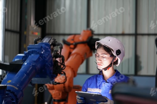 Preview: Robotics engineer working on maintenance of robotic arm in factory warehouse. Business technology.
