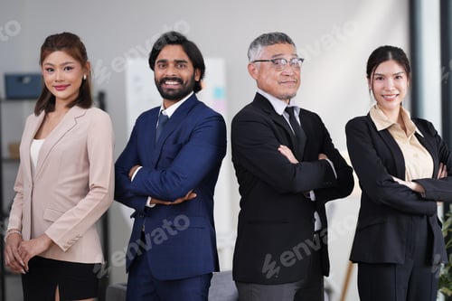 Preview: Group of executive staff standing diligently and politely