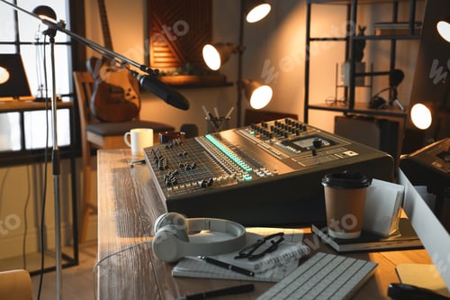Preview: Professional audio equipment in modern radio studio
