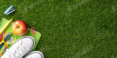 Preview: Back to school items including sneakers, apple, and stationery scattered
