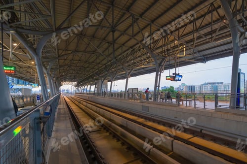 Preview: Train view on railway in transportation. Station terminal