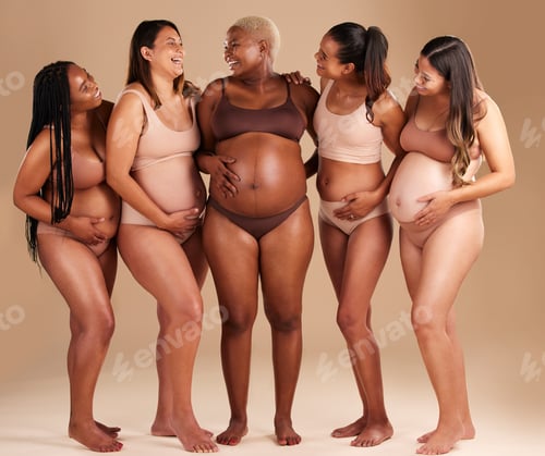 Preview: Women group, pregnant or body and stomach touch in baby support, diversity solidarity or excited on