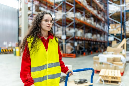 Preview: Woman carrying trolley in a distribution warehouse