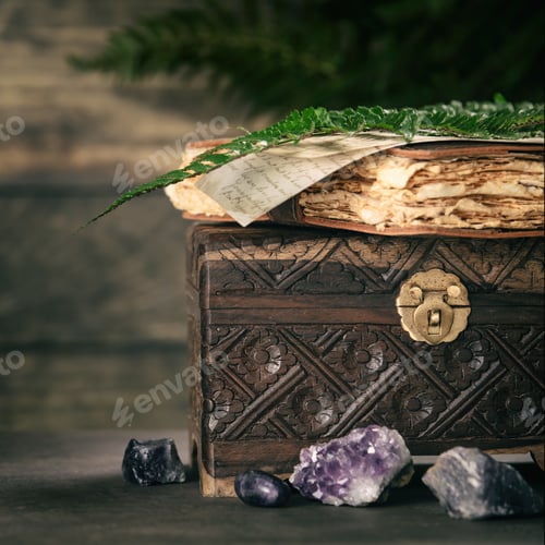 Preview: Close-Up of Vintage Chest and Weathered Journal