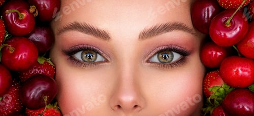 Preview: Young girl with bright makeup and a berry background.