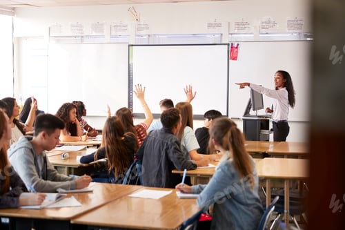 Preview: Female High School Teacher Asking Question Standing By Interactive Whiteboard Teaching Lesson