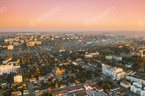 Preview: Pinsk, Brest Region, Belarus. Pinsk Cityscape Skyline In Autumn Morning. Bird's-eye View Of