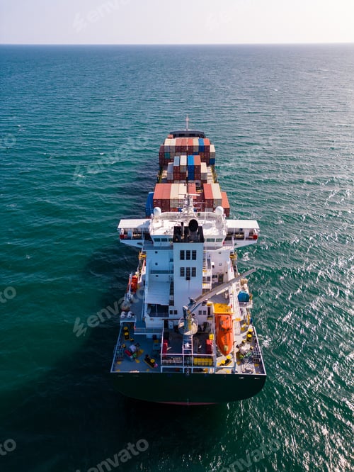 A container ship in the sea, aerial view