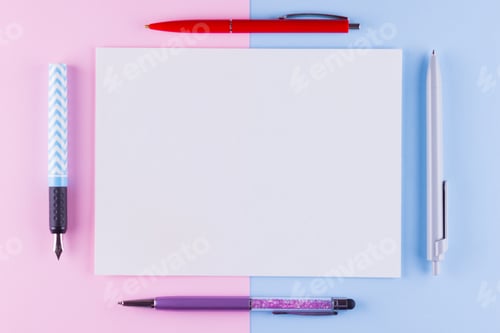 Preview: Back To School Pop Art Concept. School Stationery On Pink Blue Background. Multicolored Pens On