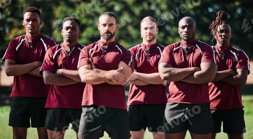 Preview: Sport, men or team with crossed arms on field for collaboration or performance after game or match.