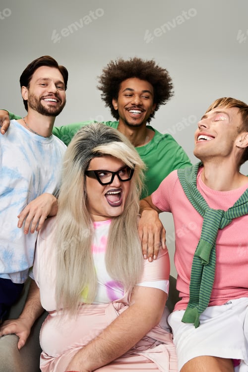 Preview: Celebrating diversity and joy with friends in vibrant outfits at a playful gathering