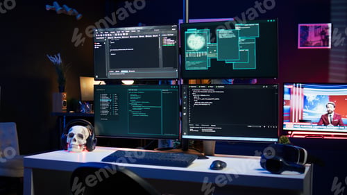 Preview: Programming scripts shown on PC displays in empty hideout used by cybercriminals