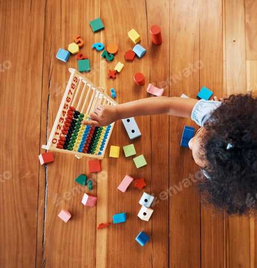 Preview: Above, child and toys for math on the floor, home education and fun activity. House, young and a gi