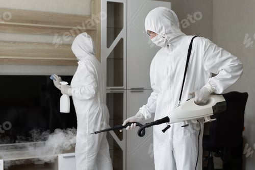 Preview: Coronavirus disinfection. Virologists disinfect the apartment with hot steam.