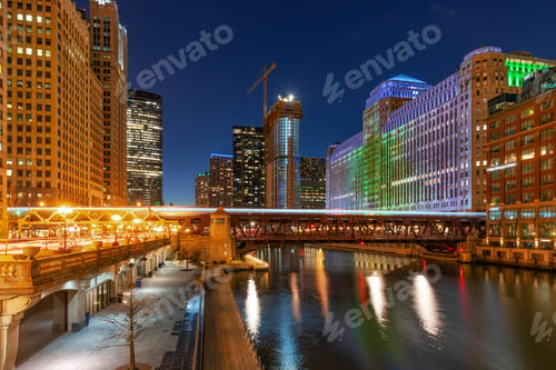Preview: The Chicago riverwalk cityscape river side, USA downtown skyline, Architecture