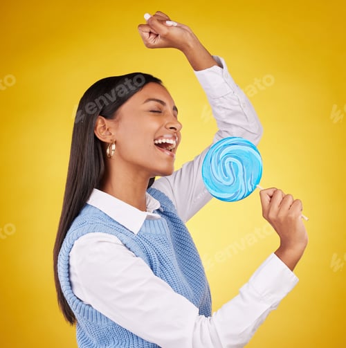Preview: Candy, sing and woman with lollipop, happy and cheerful against a studio background. Female, excite