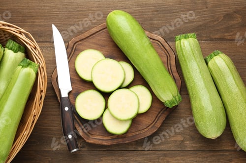 Preview: Fresh ripe zucchinis and knife on wooden table, flat lay. Whole and cut