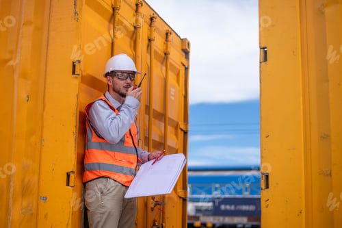 Preview: Engineers railway survey wearing safety uniform and helmet under conversation document on hand inspe