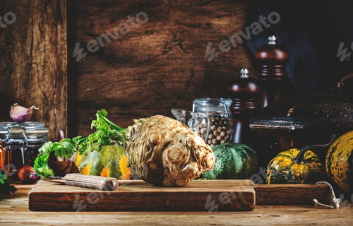 Preview: Autumn food cooking background with organic farm vegetables:root celery, pumpkin