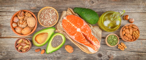 Preview: Foods high in fatty acids including vegetables, seafood, nut and seeds. Healthy fats, clean eating